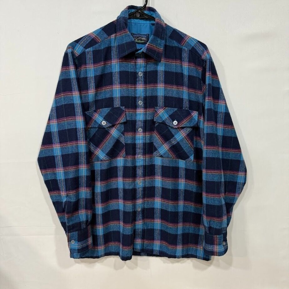 Backpacker Mens Plaid Flannel Shirt Navy Teal Magenta Button Down Small 14-14.5 - Picture 1 of 5